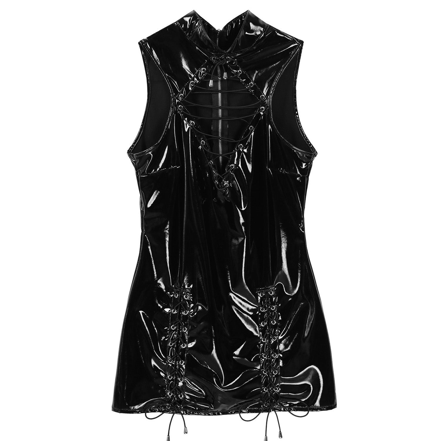 Hollow out lace-up latex bodycon mini dress for women, perfect for gothic fashion and a sexy wetlook style.