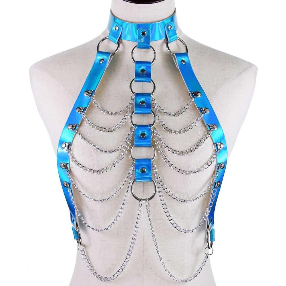 Holographic blue body harness with chains, perfect for gothic rave outfits and festivals.