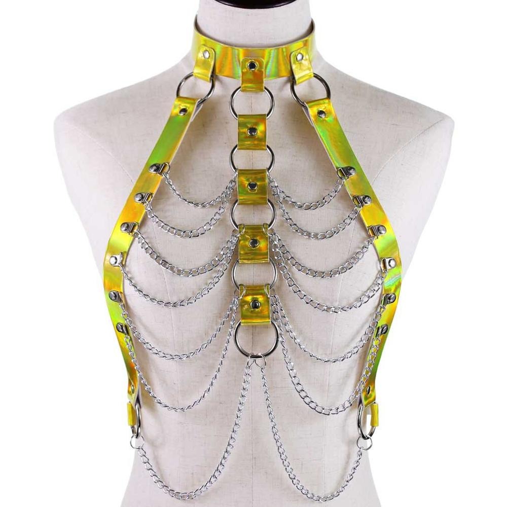 Holographic chain body harness with metal chains, perfect for gothic rave outfits and festival fashion.