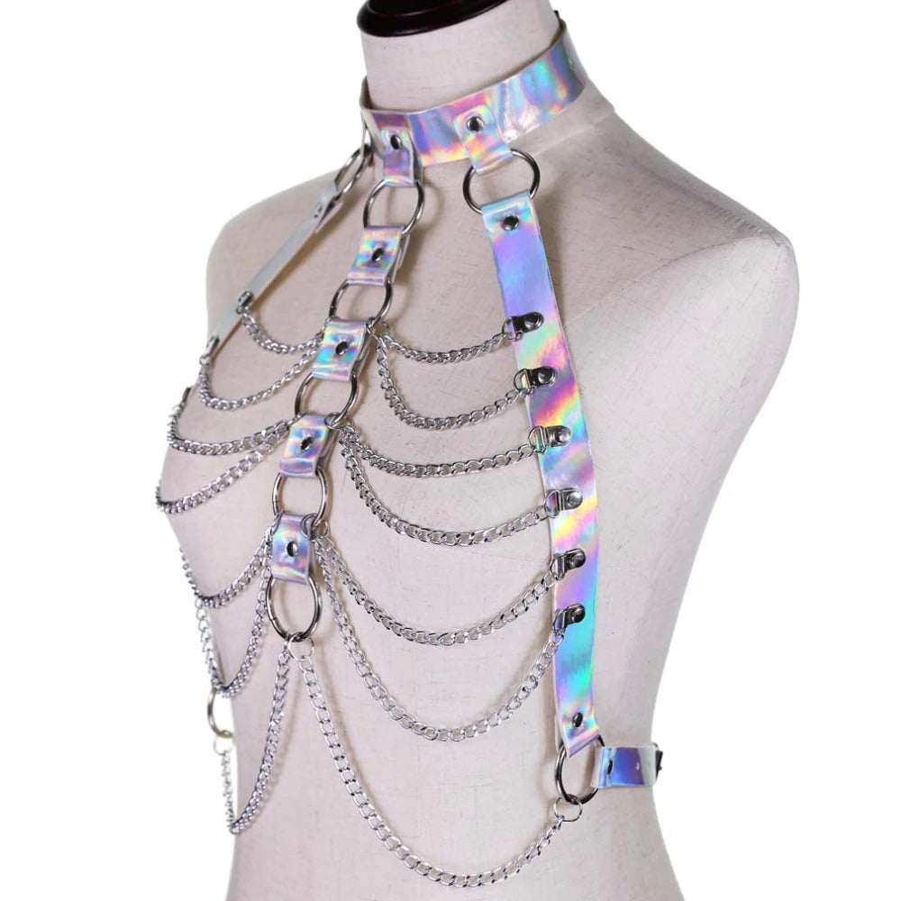 Holographic chain body harness with silver chains, perfect for gothic rave outfits and festival wear.