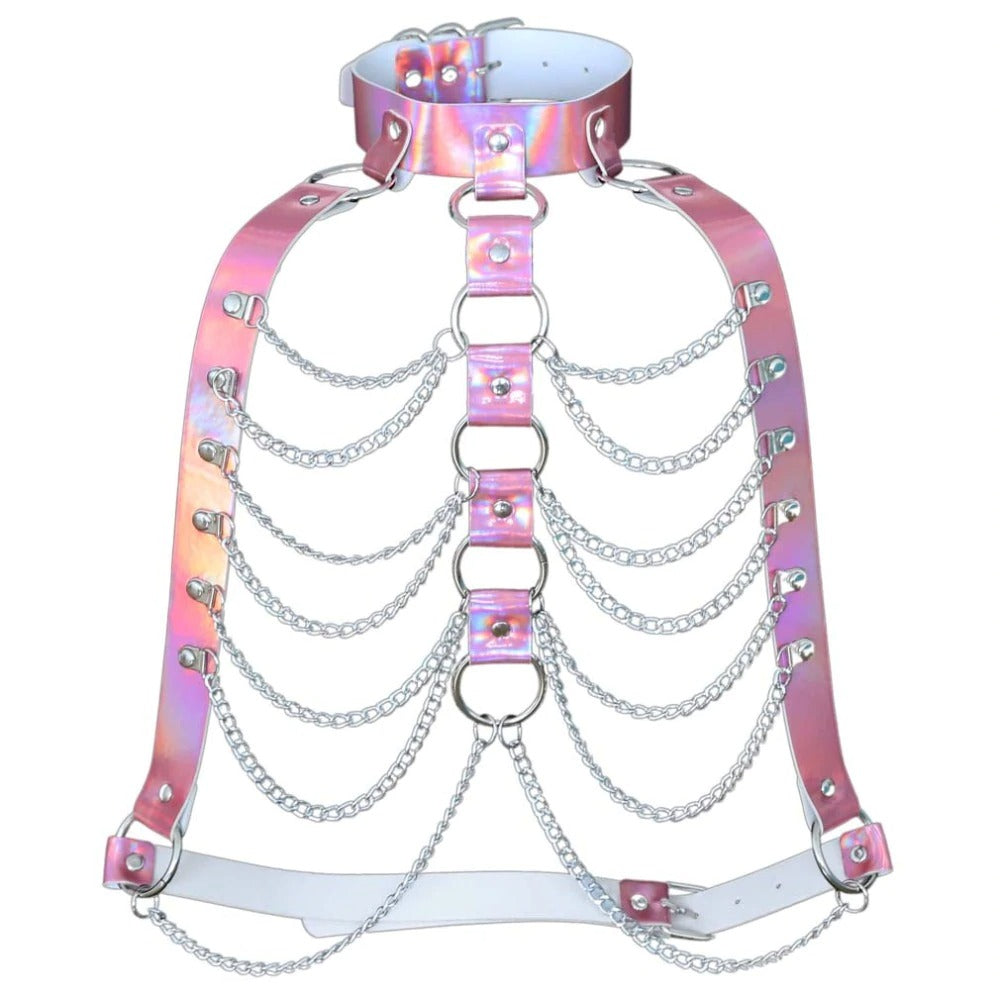 Holographic chain body harness with silver chains, perfect for gothic rave outfits and festivals.