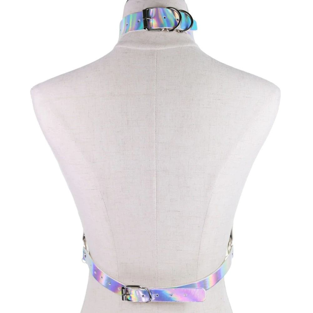 Holographic chain body harness back view on mannequin, perfect for goth rave and festival outfits.