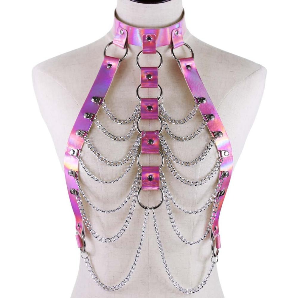 Holographic chain body harness for women, perfect for gothic rave outfits and festivals, with unique chain decor.