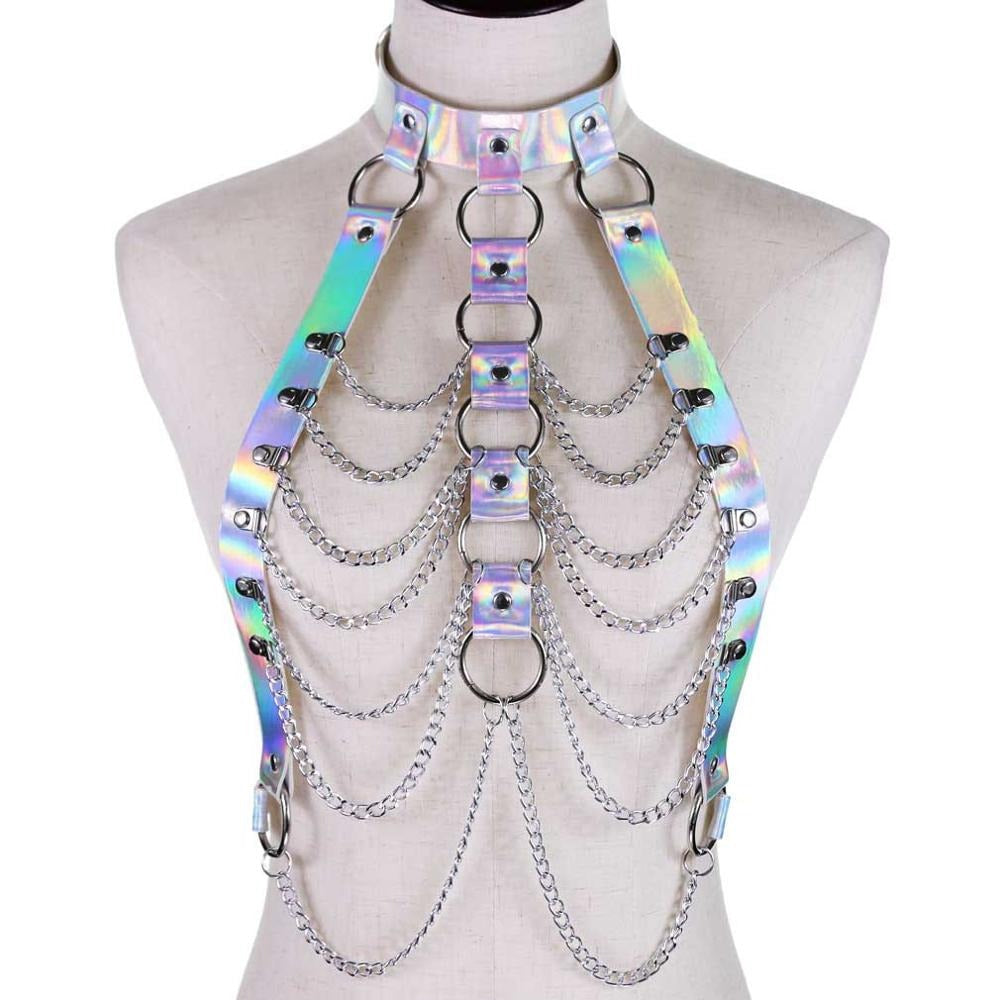 Holographic chain body harness with silver chains, perfect for gothic festival or rave outfits for women.