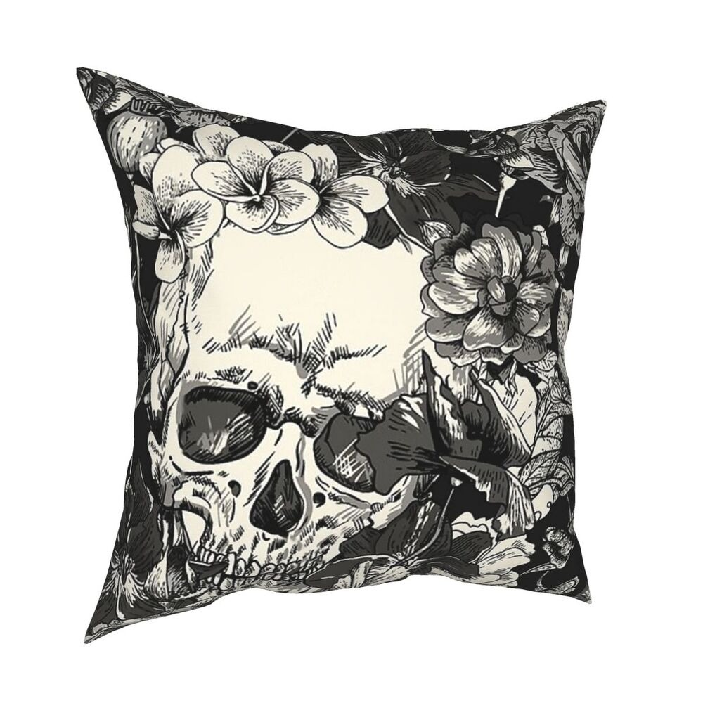 Gothic decorative pillowcase featuring a skull surrounded by beautiful flowers, perfect for unique home decor.