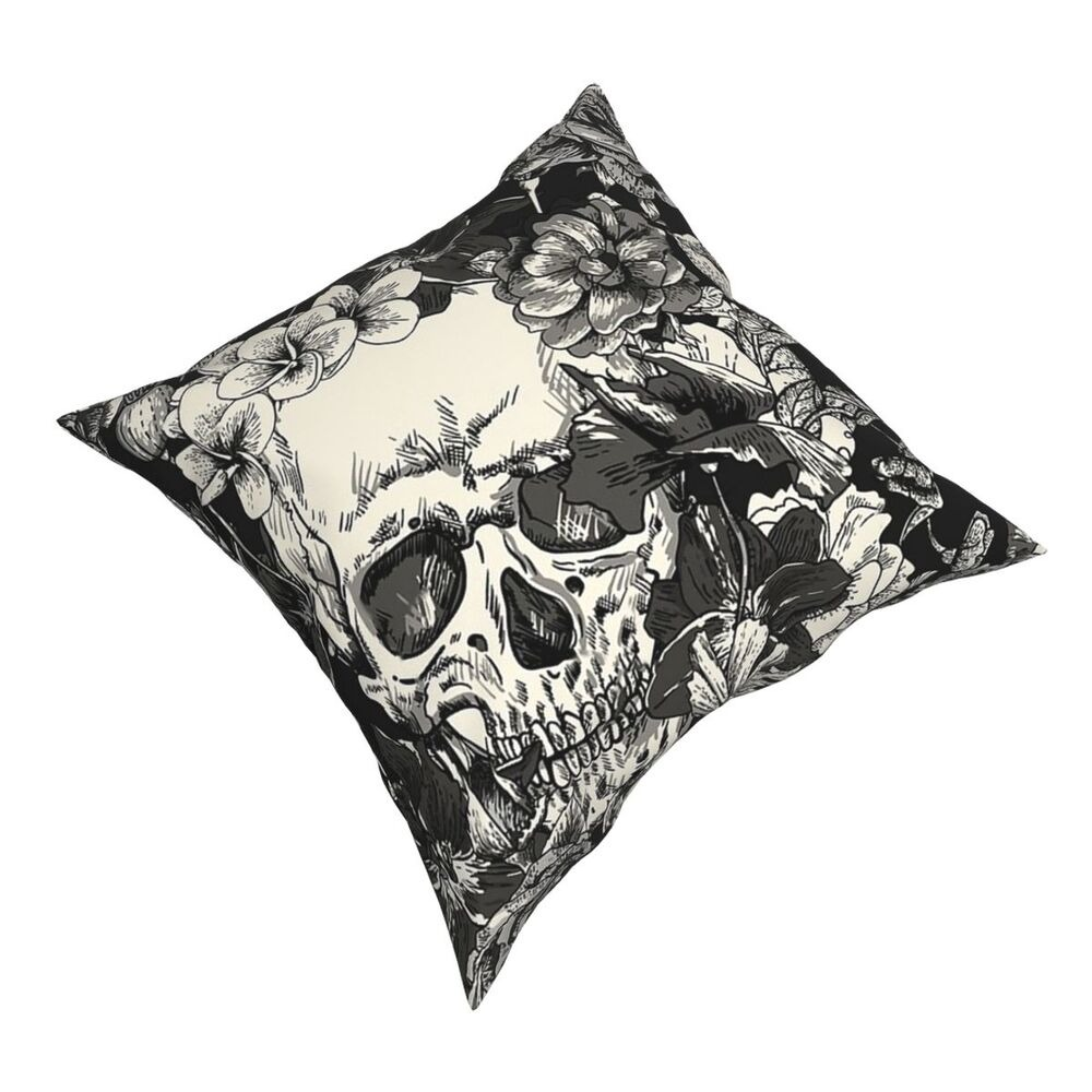 Decorative pillowcase with a skull entwined in flowers, featuring double-sided printing in gothic style.