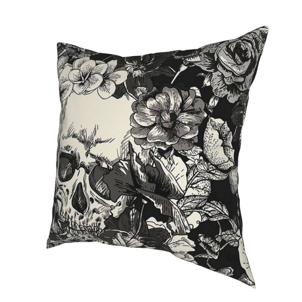 Home decorative pillowcase featuring a skull surrounded by beautiful flowers in a gothic style design.