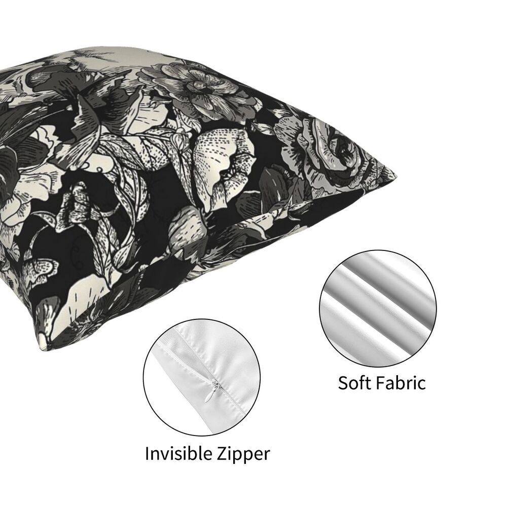 Decorative pillowcase featuring a stylish skull and floral design, showcasing an invisible zipper and soft fabric texture.