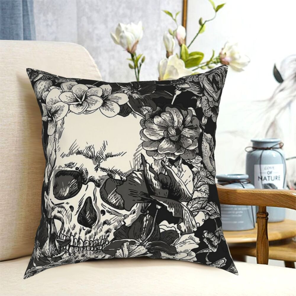 Decorative pillowcase featuring a skull surrounded by flowers, perfect for gothic home decor.