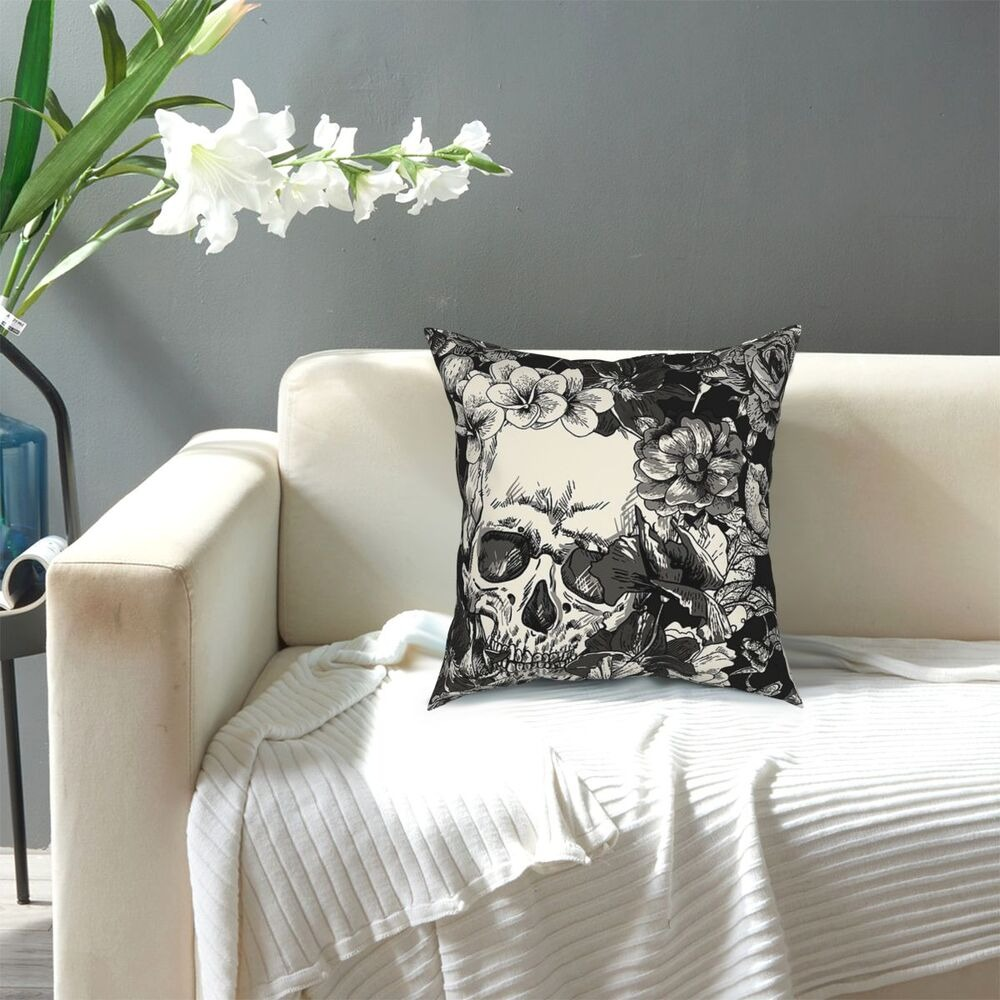 Decorative pillowcase featuring a skull surrounded by flowers, perfect for gothic home decor and unique gift ideas.