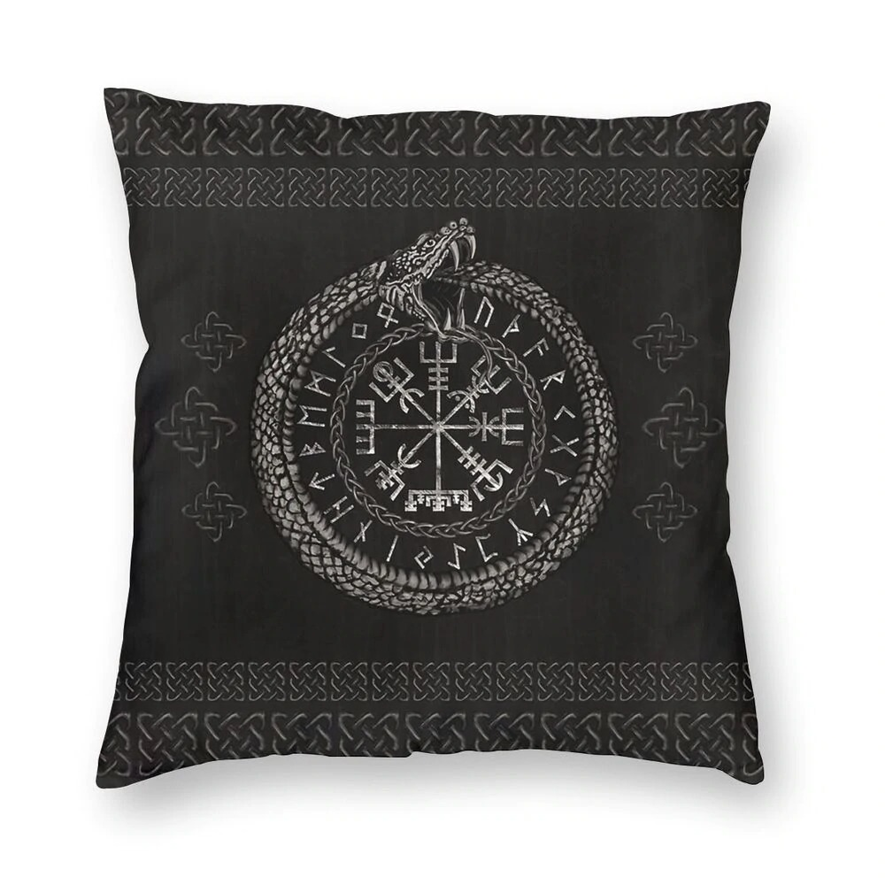 Decorative pillow cover featuring Viking Helm of Awe and serpent design, perfect for home decor enthusiasts.