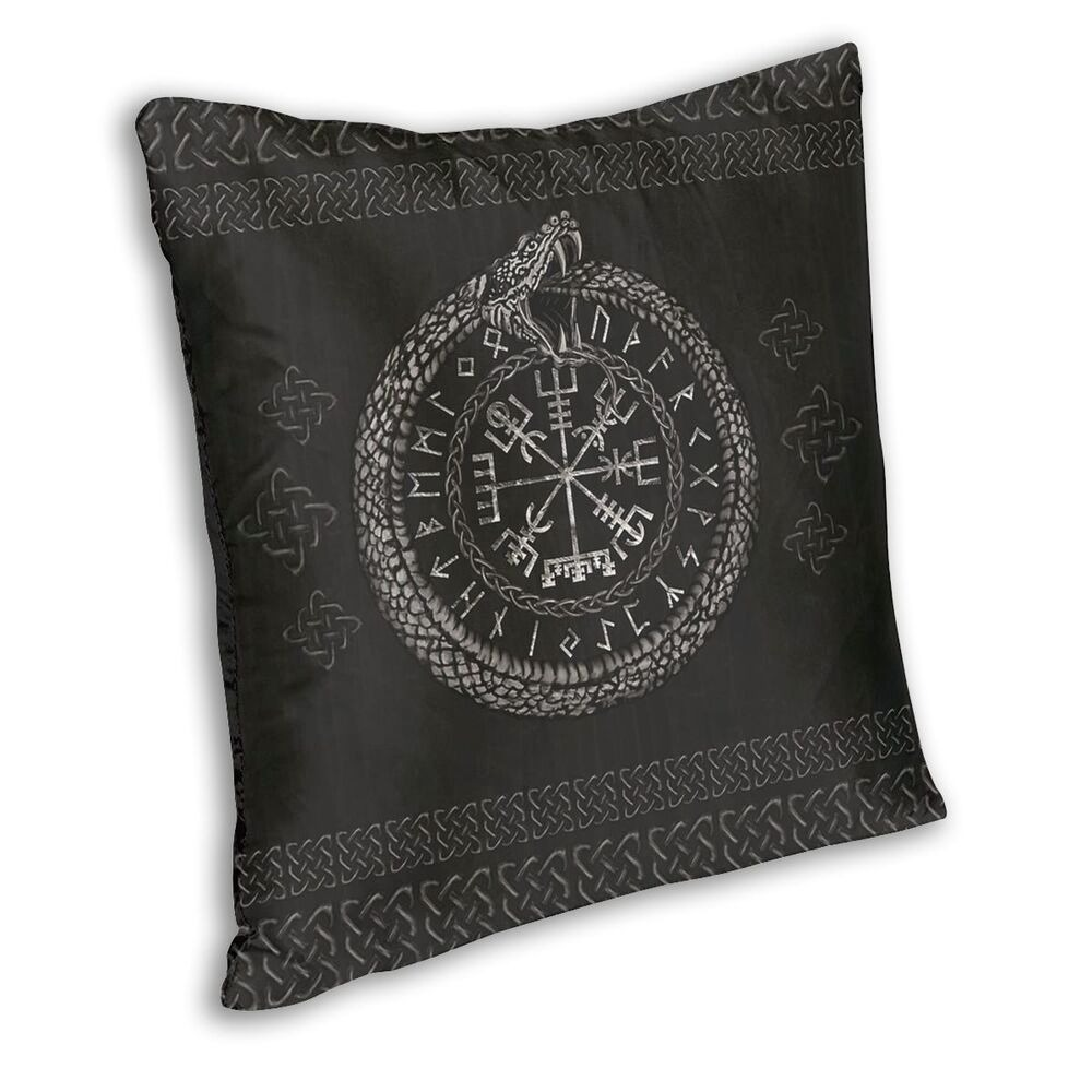 Viking Helm of Awe and snake pillow cover with intricate designs, perfect for home decor in authentic style.