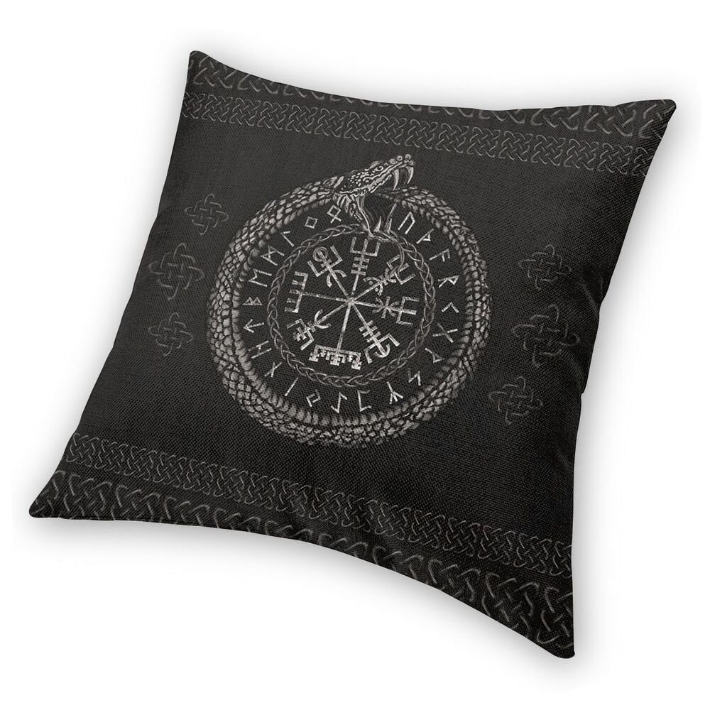 Viking Helm Of Awe decorative pillow cover featuring a snake design on a black background, perfect for adding authentic style to home decor.