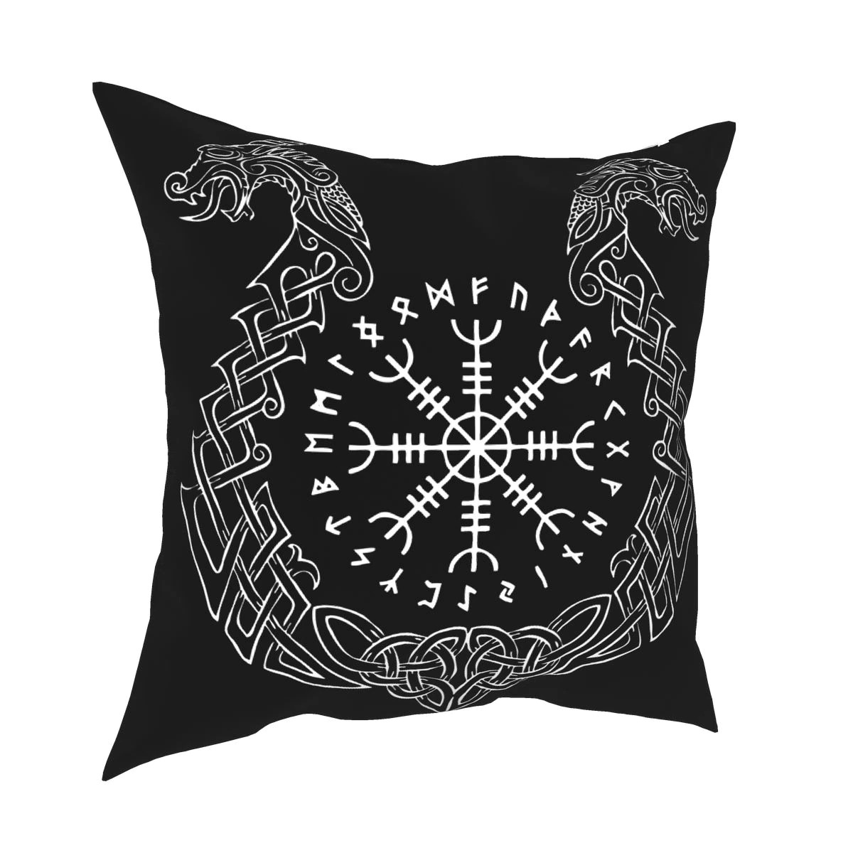 Viking Helm of Awe decorative pillowcover with black and white design featuring Norse symbols and dragon motifs.