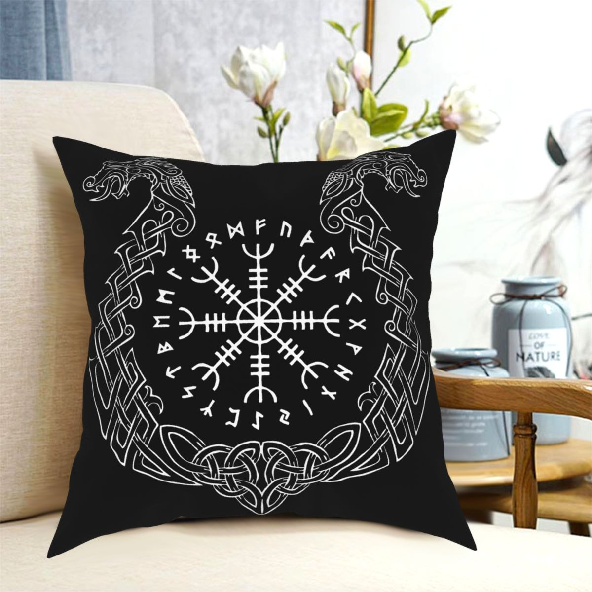 Home decorative pillow cover featuring Viking Helm of Awe design, black and white with intricate patterns, perfect for stylish decor.