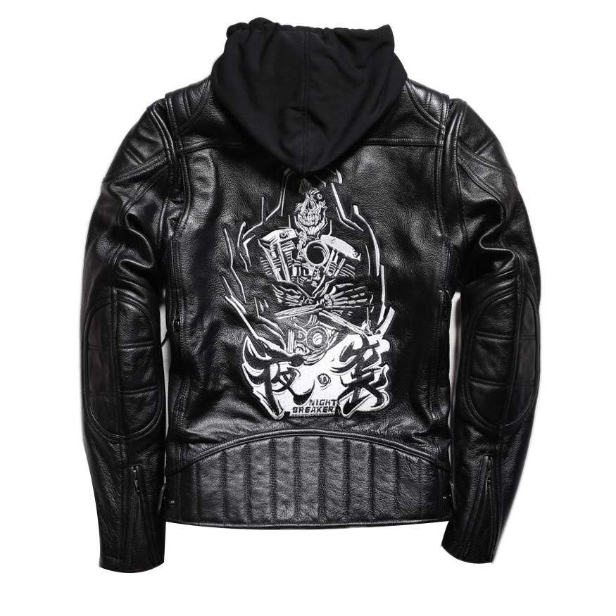 Hooded Genuine Leather Men's Rock Style / Biker Jacket with Skull - HARD'N'HEAVY