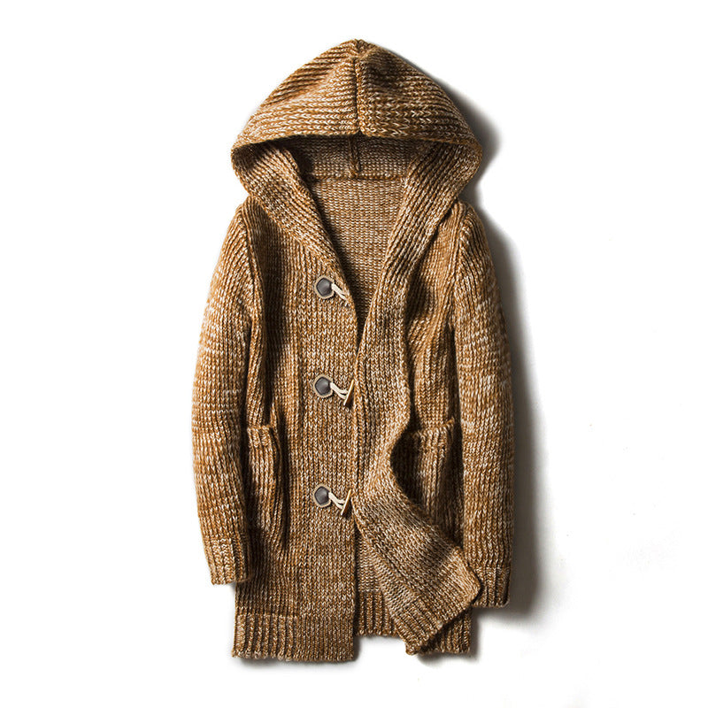Knitted men's hooded cardigan trench coat in a warm brown hue, perfect for alternative fashion styles and grunge looks.
