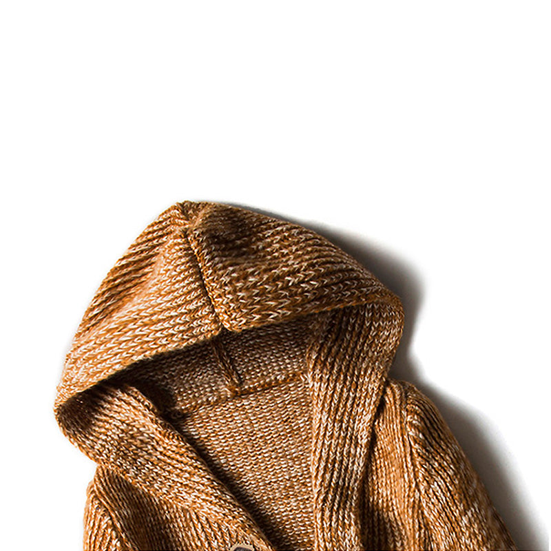 Close-up of a cozy knitted men's hooded cardigan in warm brown tones, perfect for alternative fashion styles.