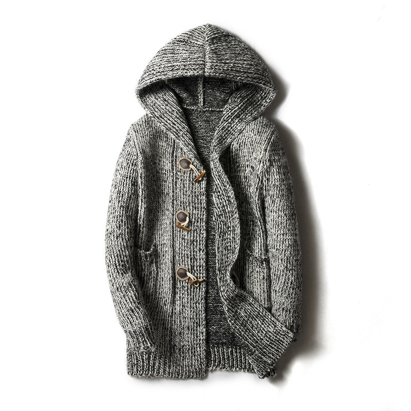 Knitted hooded men's cardigan trench coat in gray with wooden buttons and a cozy style perfect for alternative fashion.