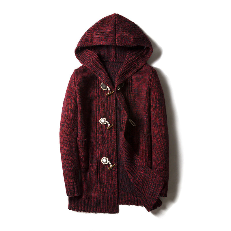 Hooded men's knitted cardigan trench coat in red with a grunge style, perfect for alternative fashion looks.