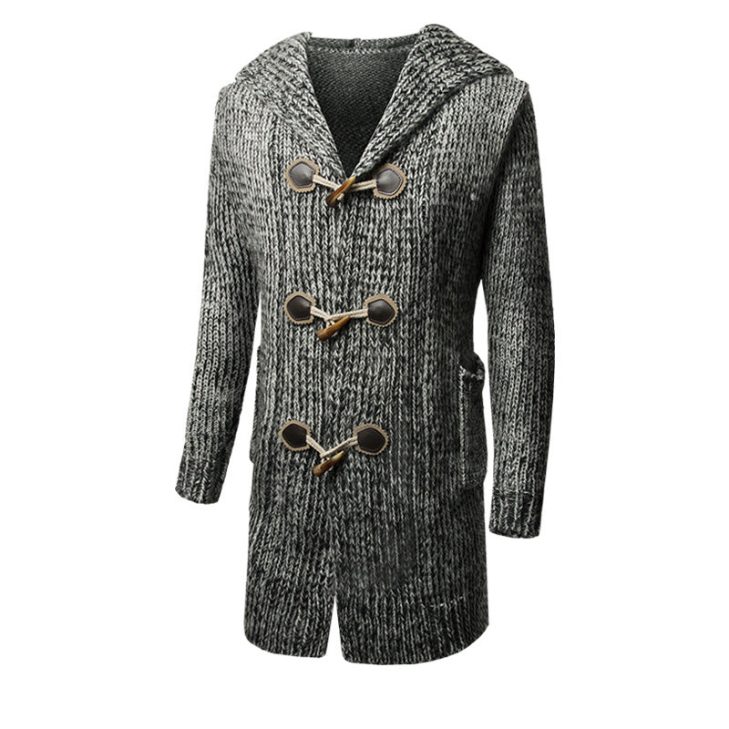 Hooded knit men's cardigan trench coat in grunge style, featuring toggles and cozy grey texture, perfect for alternative fashion.