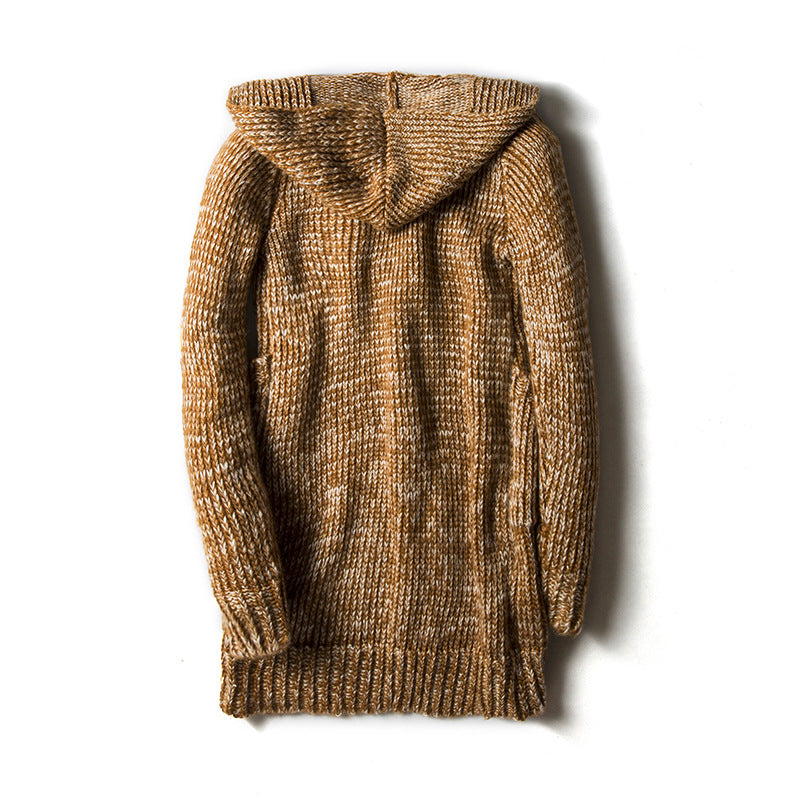 Hooded men's knitted cardigan trench coat in earthy brown, perfect for alternative fashion looks.