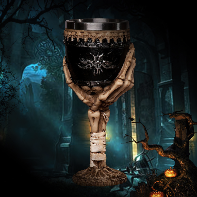 Horrible Death Claw wine glass with stainless steel, designed like a skeletal arm, perfect for gothic decor.