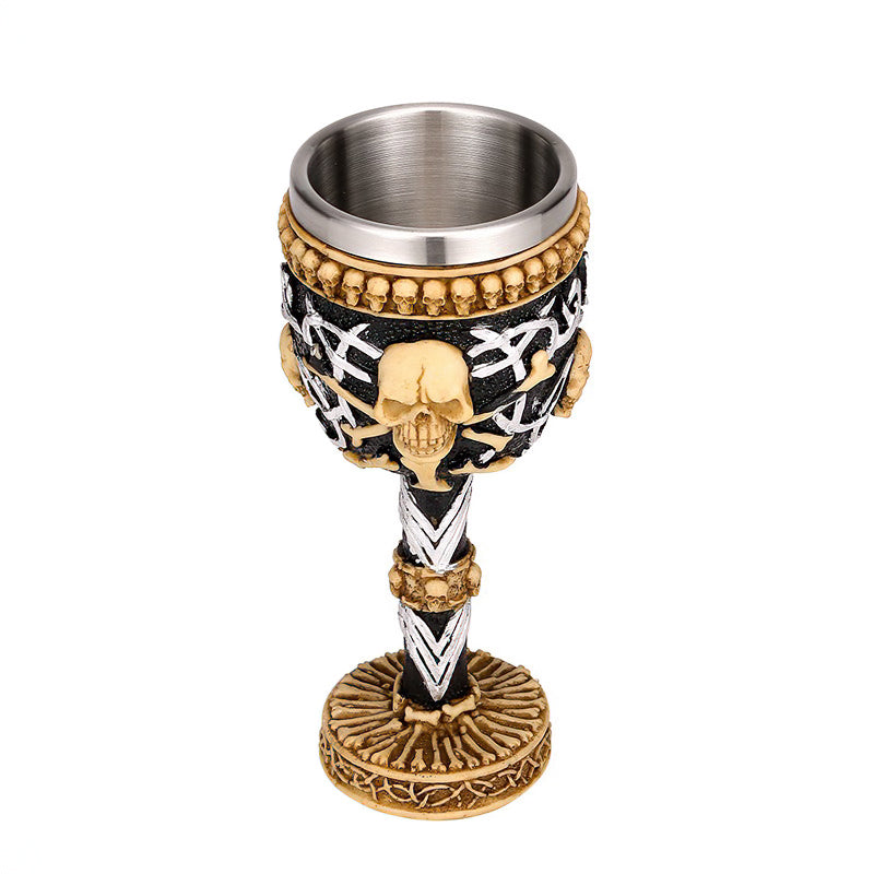 Unique Horrible Devil wine glass with skull decoration and stainless steel interior, perfect for vintage-style bar drinkware.