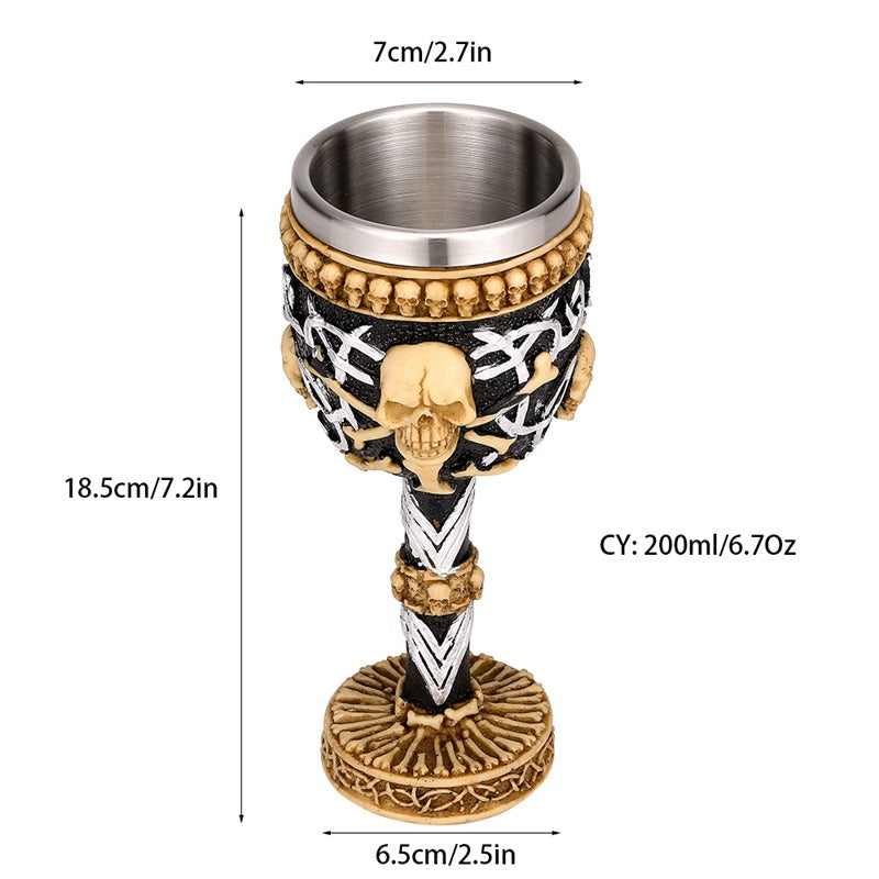 Horrible Devil wine glass with skull design, stainless steel interior, and vintage style; 200ml capacity, eco-friendly.