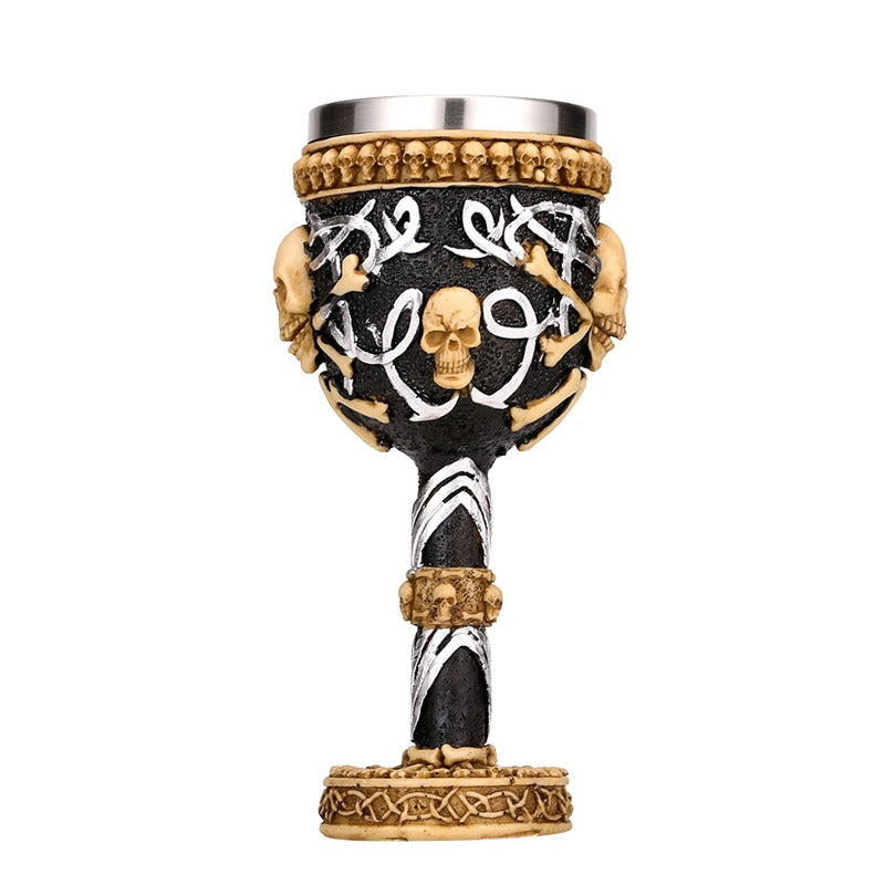 Horrible Devil wine glass featuring skulls and patterns, stainless steel and resin, vintage style bar drinkware.