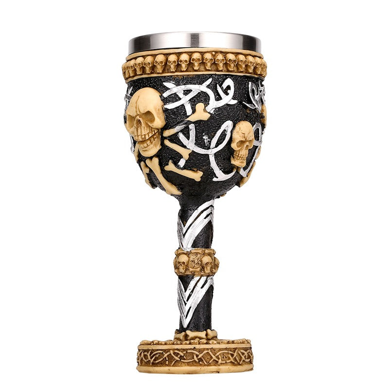 Horrible Devil Wine Glass with skull and bone design, stainless steel and resin, vintage style bar drinkware.