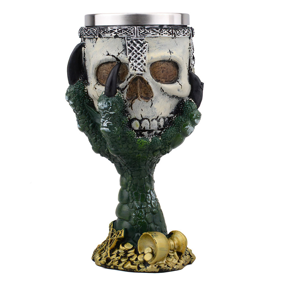 Vintage green devil hand wine glass with skull design for creepy bar drinkware and party decor.