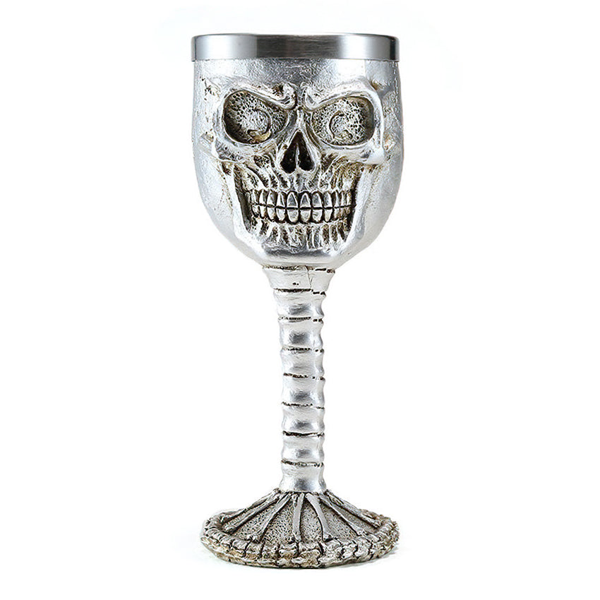 Horrible Silver Skull King Wine Glass in vintage style, crafted from stainless steel and resin, perfect for spooky drinkware.