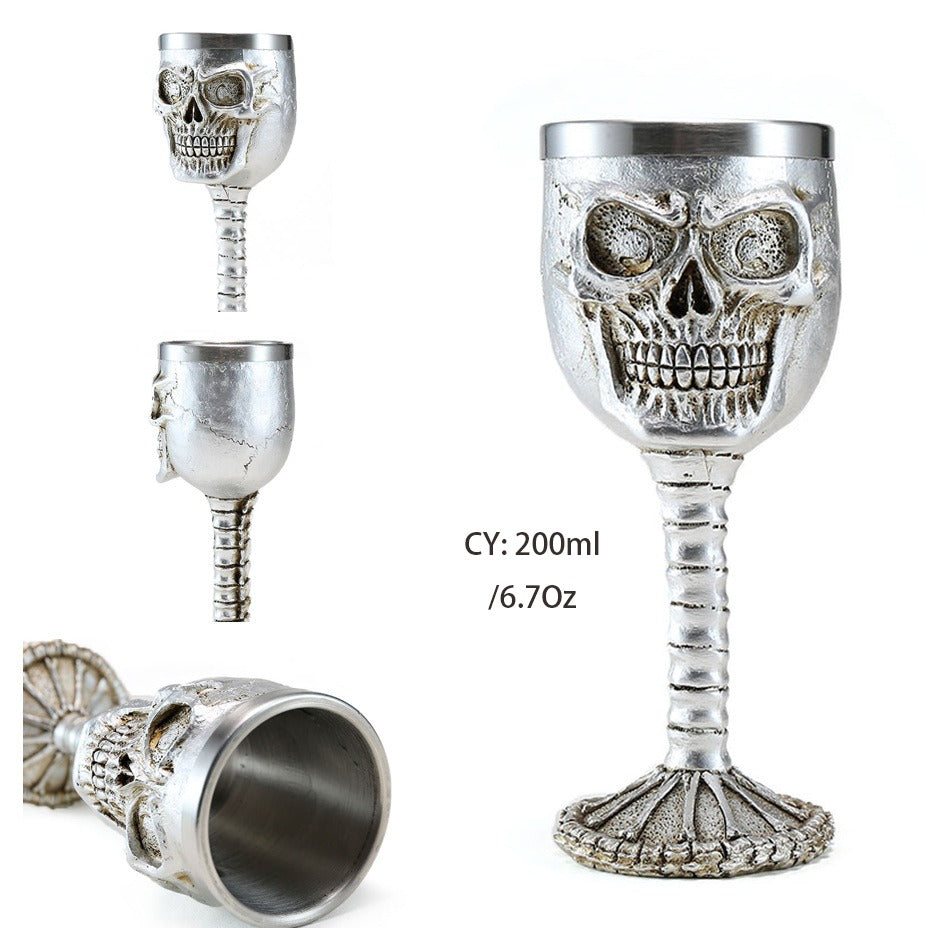 Horrible Silver Skull King Wine Glass - Unique vintage style bar drinkware made of stainless steel and resin, 200ml capacity.