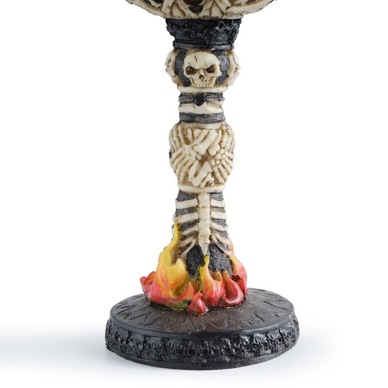 Gothic skull glass with fiery base, stainless steel and resin, vintage style bar drinkware for home decor or gifts.