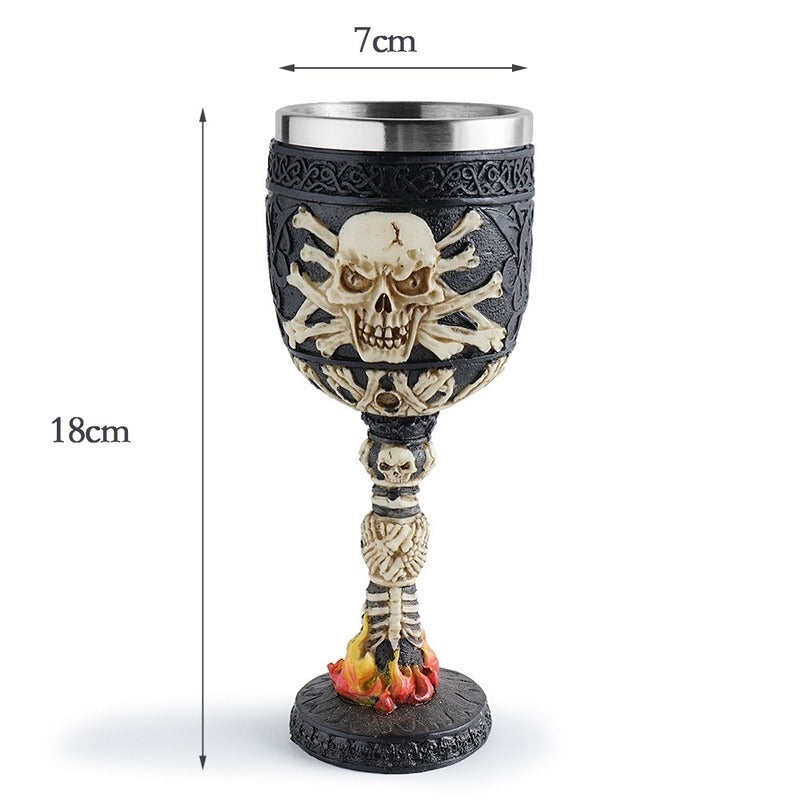 Horrible Skull on a Fire Wine Glass with Stainless Steel and Resin / Vintage Style Bar Drinkware - HARD'N'HEAVY