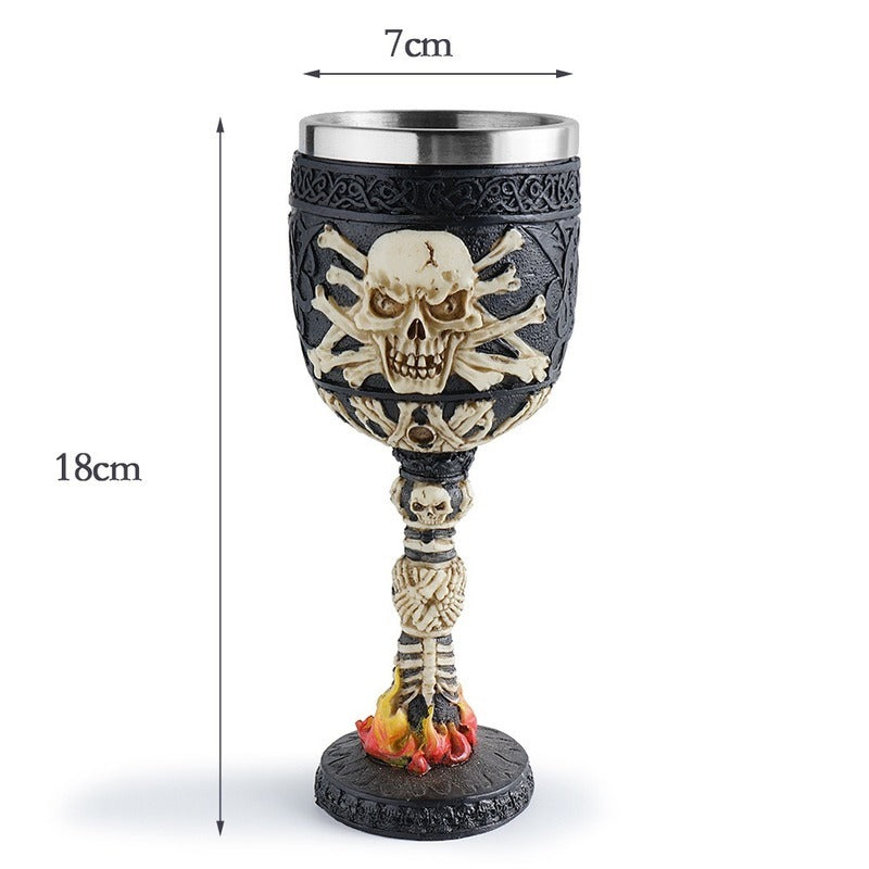 Gothic vintage skull wine glass with stainless steel interior and flame details, 18cm tall, perfect for home decor or gifts.