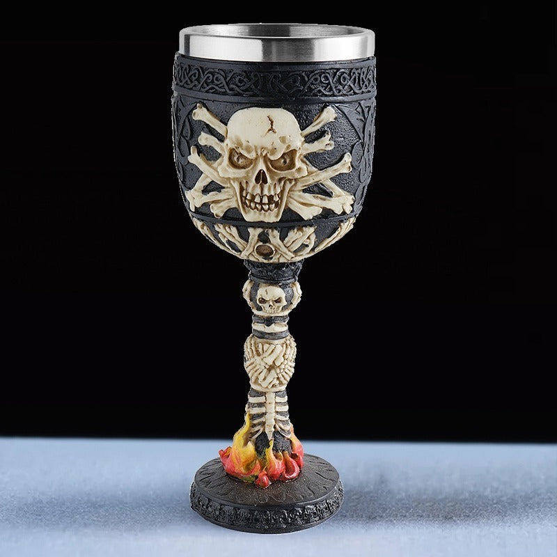 Horrible Skull on a Fire Wine Glass with Stainless Steel and Resin / Vintage Style Bar Drinkware - HARD'N'HEAVY