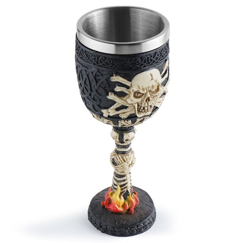 Vintage skull wine glass with flames, stainless steel and resin, perfect for Gothic decor or unique gifts.