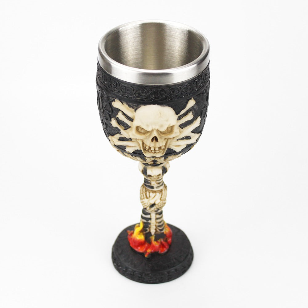 Horrible skull fire wine glass in Gothic style with stainless steel and resin, perfect for home decor or a unique gift.
