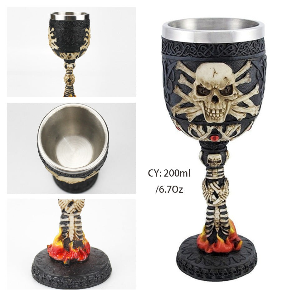 Gothic skull wine glass featuring stainless steel interior and intricate skeleton design, perfect for bar drinkware.