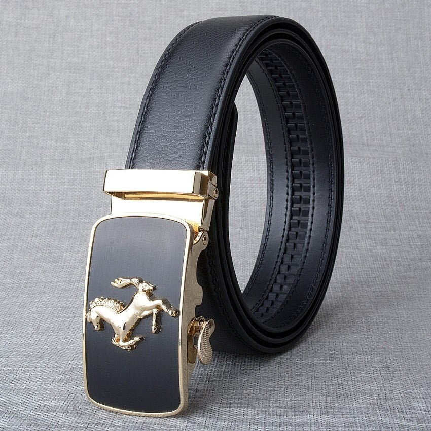 Horse designed automatic buckle belt for men, genuine leather, black with gold buckle, luxury style.
