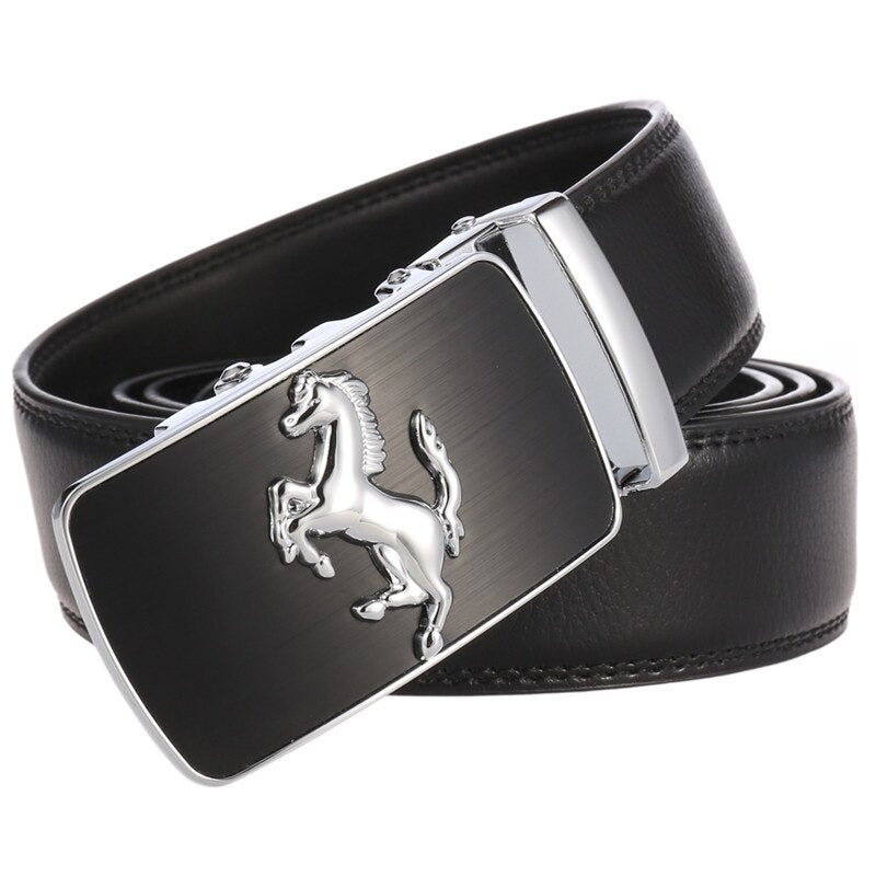 Luxury men's automatic buckle belt in black leather with silver horse logo buckle.