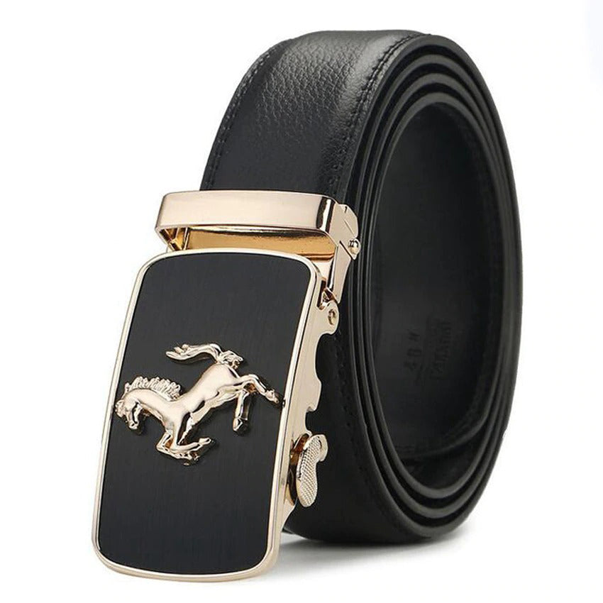 Genuine leather automatic buckle belt for men with horse design and gold buckle on black strap.