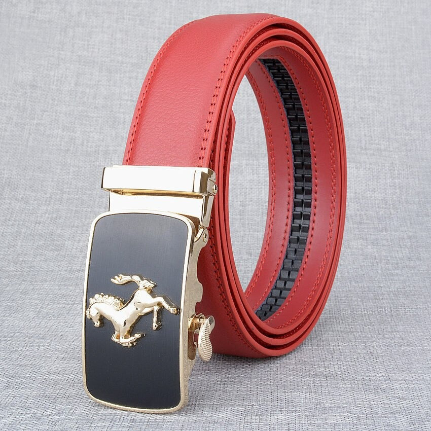 Red automatic buckle belt for men with horse design and gold buckle, crafted from genuine leather.