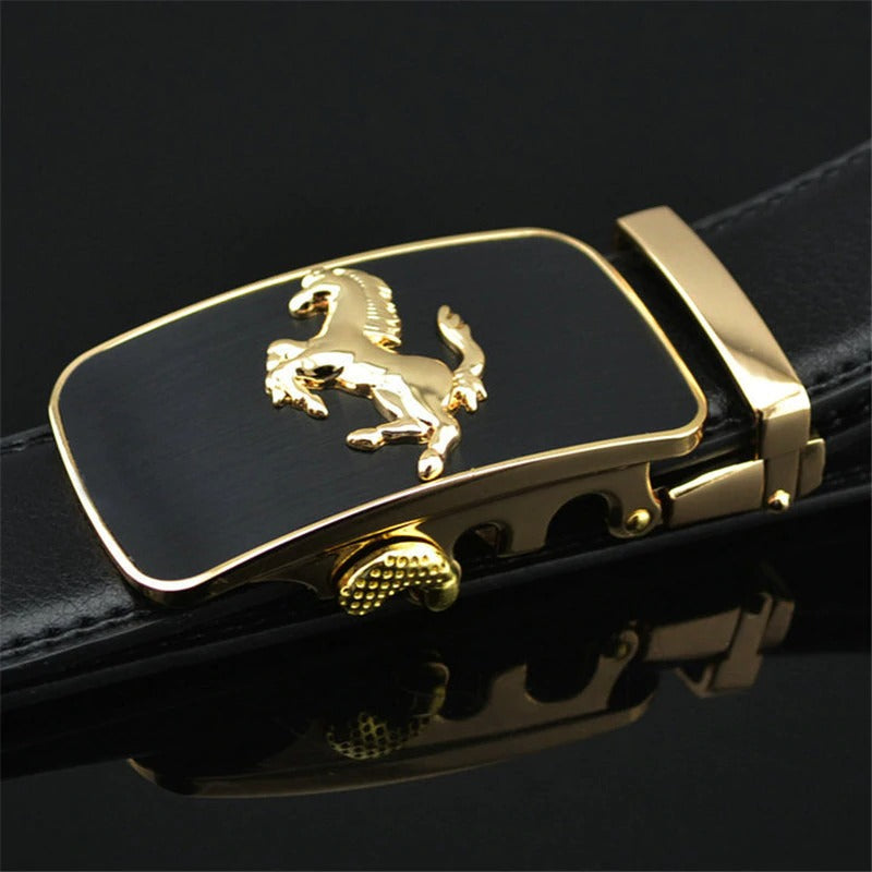 Automatic buckle belt with gold horse design on black leather, perfect for stylish men.
