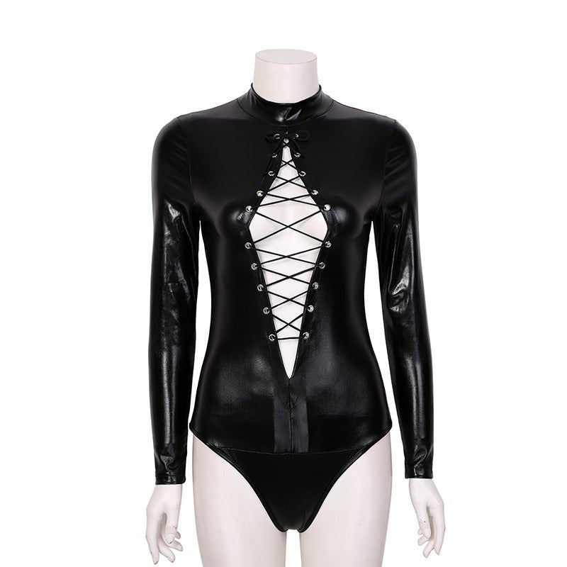 Hot Erotic Women's Bodysuit / Sexy PU Leather Babydoll Mini Dress / Female Black Jumpsuit - HARD'N'HEAVY