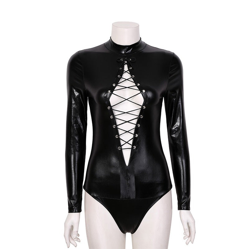 Sexy women's black faux leather bodysuit with lacing detail and long sleeves for bold gothic fashion.