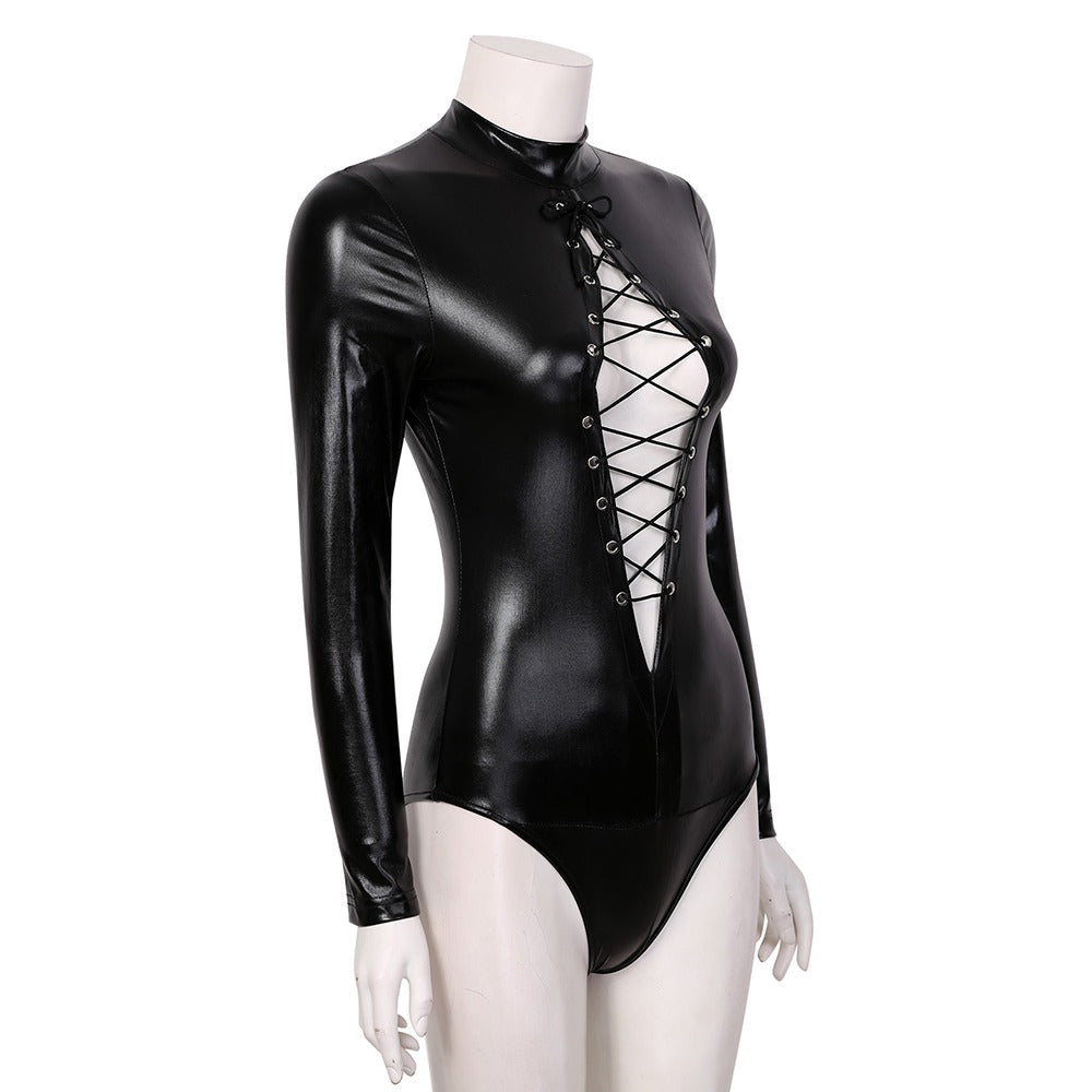 Black faux leather women's bodysuit with lacing, perfect for a sexy and gothic rock outfit.