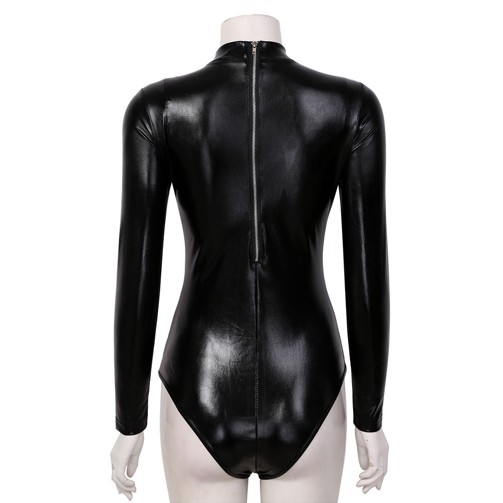 Back view of a sexy black faux leather women's bodysuit with long sleeves and zipper closure, perfect for rock outfits.